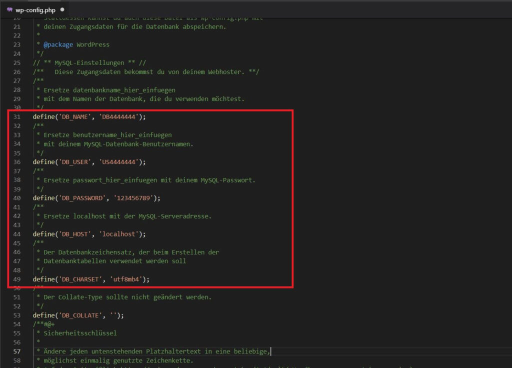 In 4 Schritten zur WordPress Testumgebung 2 Datenbankdaten Anpassen WordPress