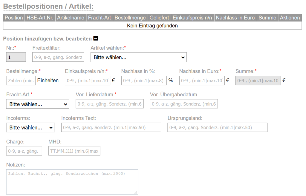 flexERP Artikelbeschaffung - Neue Position