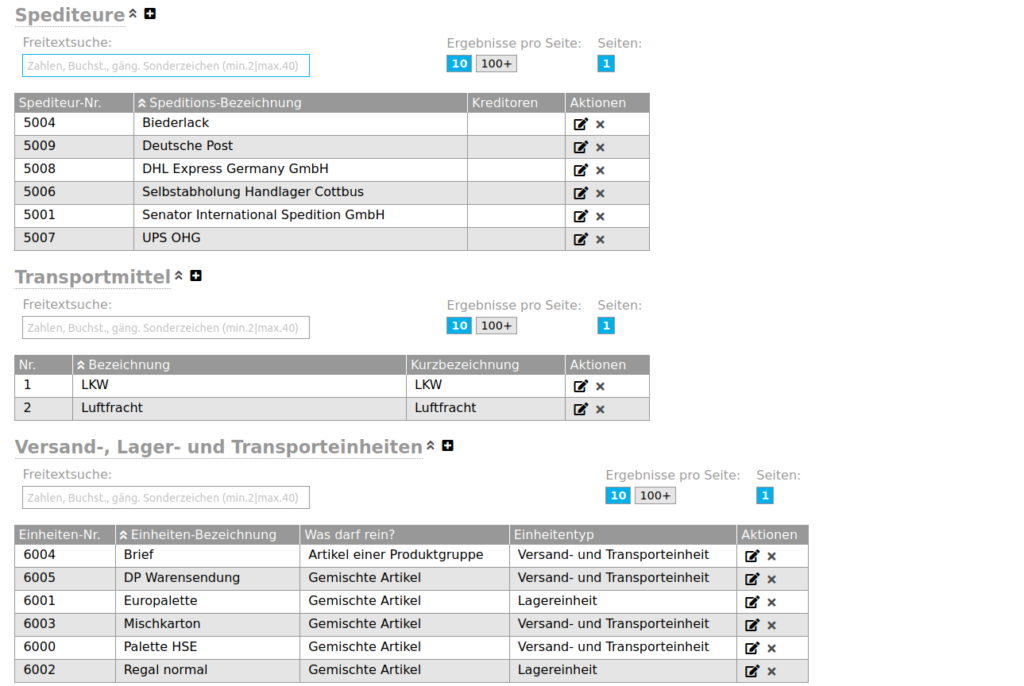 flexERP Lagerverwaltung Uebersicht Spediteure Transporteinheiten etc