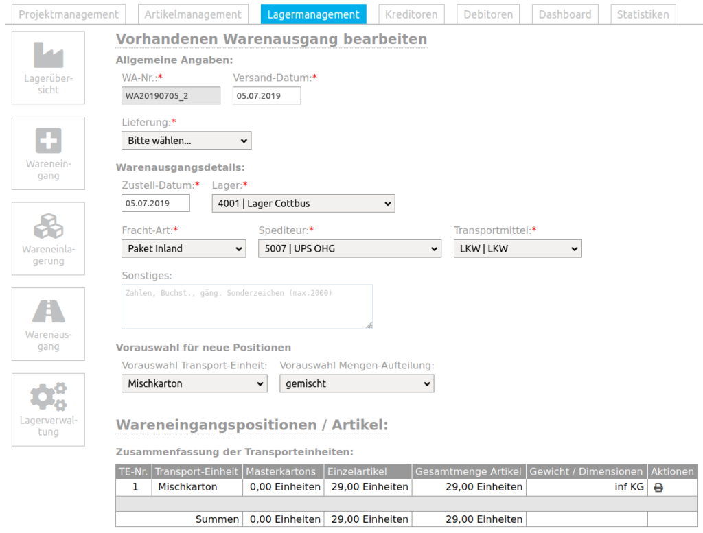 flexERP Warenausgang - Bearbeiten 1