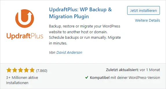WordPress umziehen? Testsystem einrichten? – Einfache Anleitung in 5 Schritten 2 Updraft wpplugins installieren